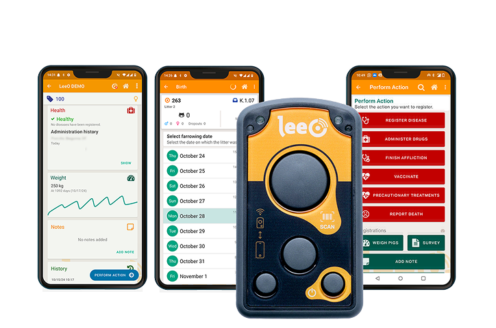 LeeO-apparaat en drie smartphones die de verschillende weergaven van de applicatie tonen.
