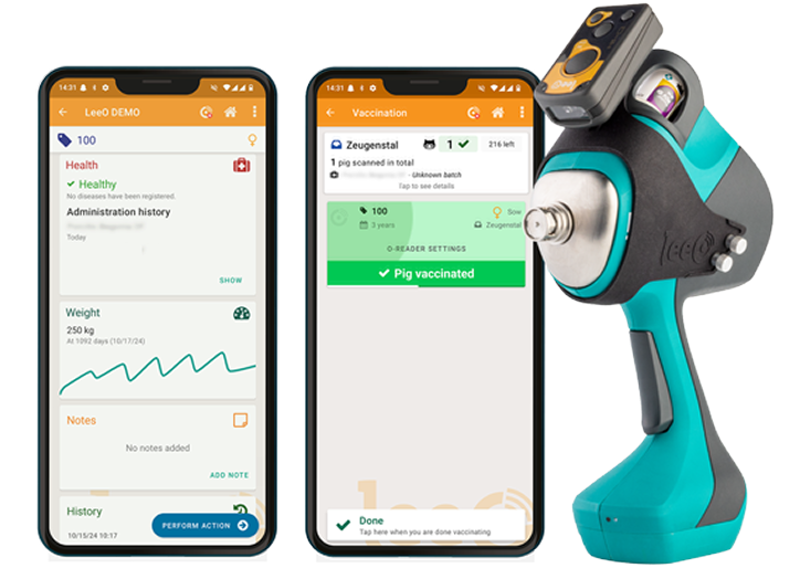Dos smartphones que muestran la App de LeeO al lado de un dispositivo IDAL conectado a LeeO