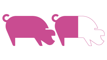 Icoon van twee varkens met 1,6 delen van de afbeelding op een roze achtergrond.
